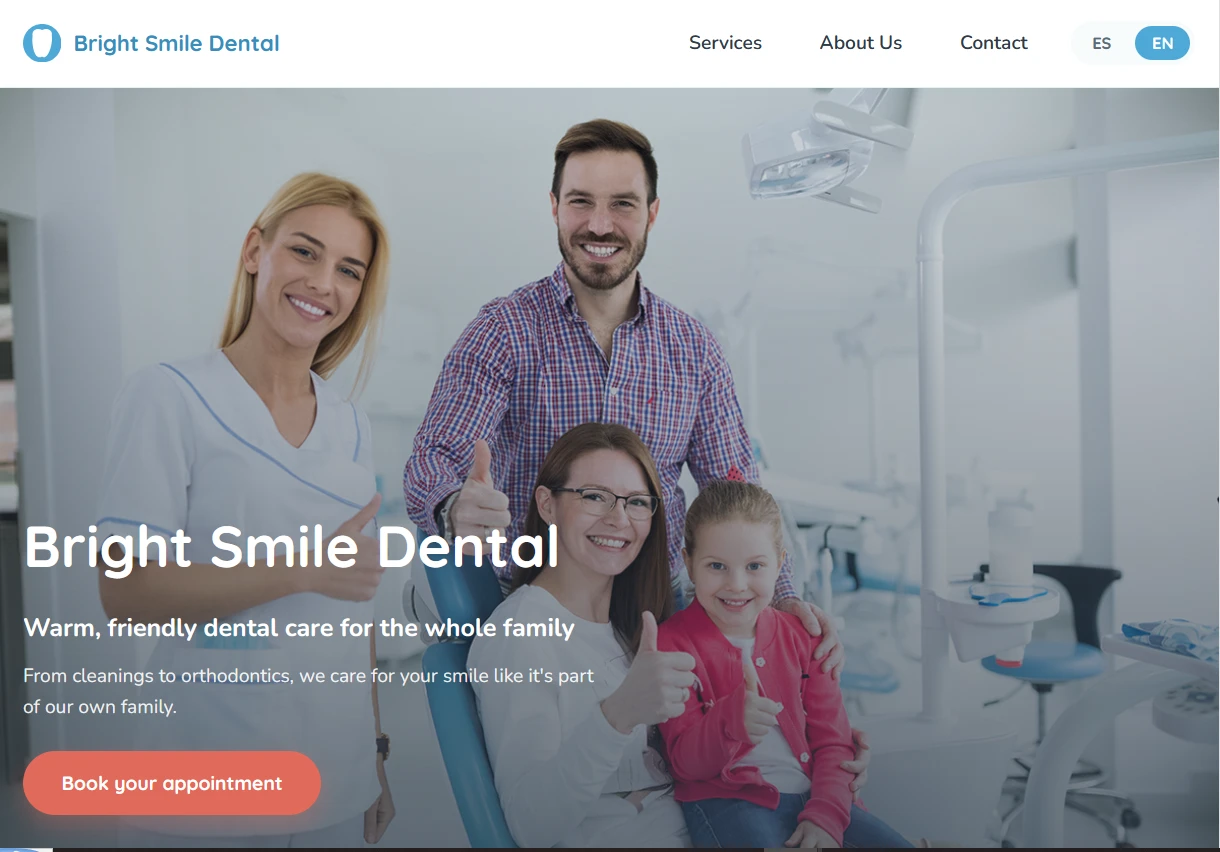 Bright Smile Dental landing page: hero with a smiling family and a Book your appointment button