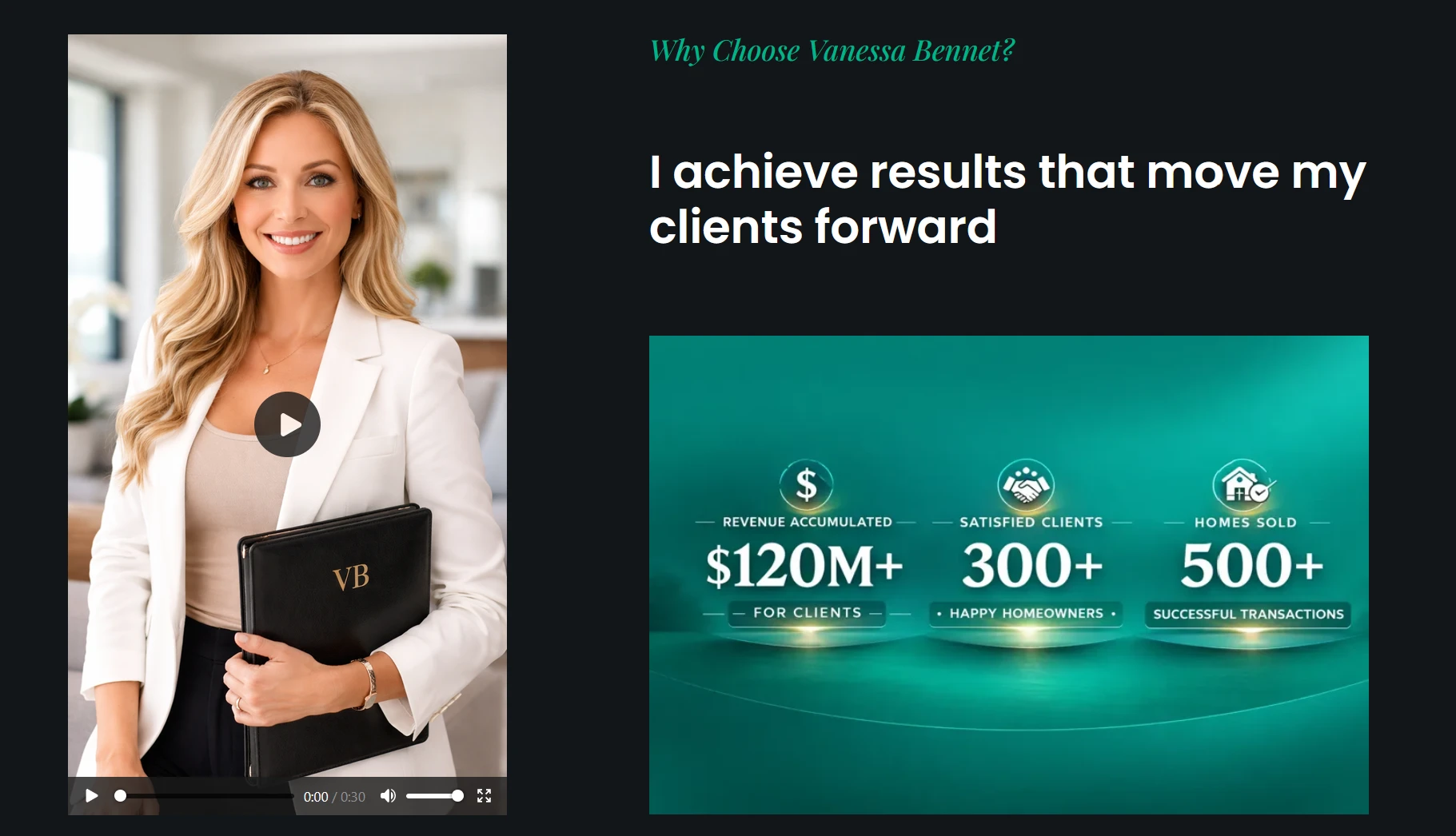 Realtor landing page: Why Choose Vanessa Bennett section with her intro video and results of $120M+ revenue, 300+ clients and 500+ homes sold